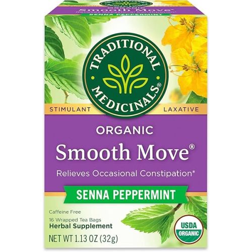 Traditional Medicinals Organic, Smooth Move Tea, Peppermint & Senna - Helps Relieve Constipation Overnight - Kosher, Non-GMO, Caffeine-Free, Compostable - 16 Tea Bags