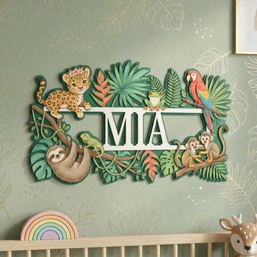 Rainforest Baby Name Sign, Tropical Jungle Nursery Decor, 3D Wood Jaguar Wall Art, Personalized Name Sign, Sloth Monkey Decor, Baby Gift