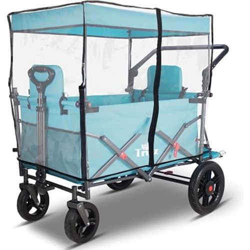 TMZ Collapsible Foldable Wagon Cart with Rain Cover and 2 Seats, Heavy Duty Wagon 265LBS Load Capacity for Camping Garden Shopping (Transparent/Blue)
