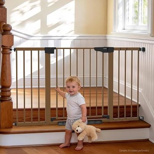 Cumbor 30-54" Extra Wide Baby Gate for Stairs, Dual Lock & Self-Closing Dog Gate Indoor, Easy Install Pet Gate for Doorways, Hallways & Kitchen, Easy Walk Thru Safety Proofing for Babies & Pets, Brown
