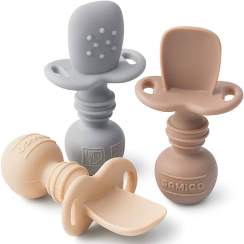 SAMiGO Silicone Baby Spoons Self Feeding 6+ Months - Infant Toddler Utensils - First Stage Baby Led Weaning Feeding Supplies - Set of 3 Pack