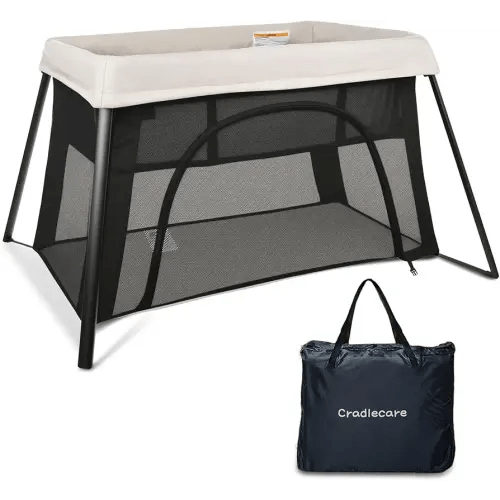 2-in-1 Pack and Play, Lightweight Baby Playpen with Bassinet, Portable Foldable Playard for Travel, Baby Playard with Mesh & Zipper Door (Creamy)