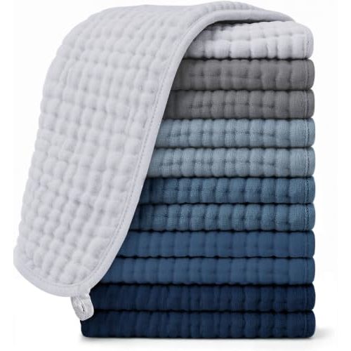 Ease Cubs 12 Pack Muslin Burp Cloths Large 100% Cotton Hand Washcloths, Baby Essentials Absorbent and Soft Burping Rags for Newborn Registry, 20" X10", Slate, Grey and Navy Series