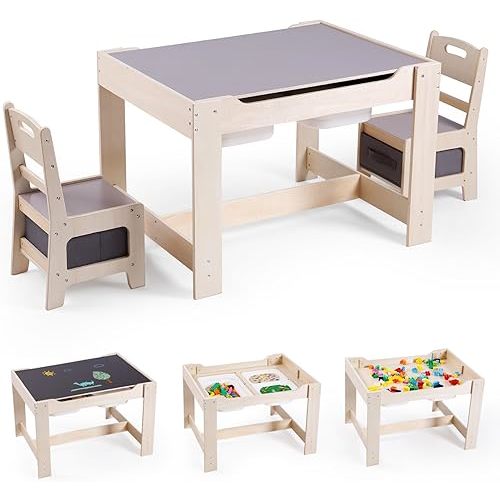 4 in 1 Toddler Table and Chair Set, Wood Kids Activity Play with Toy Storage, 2 Drawers, Detachable Tabletop for Crafting, Reading, Dining, Sensory Table w/Bins for Home, Nursery (Natural)