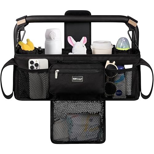 TOPDesign Universal Baby Stroller Organizer, Double Stroller Caddy with Detachable Mesh Bag & Heightened Insulated Cup Holders & Non-Slip Secure Hooks Accessories, Fits Most Strollers (Black)