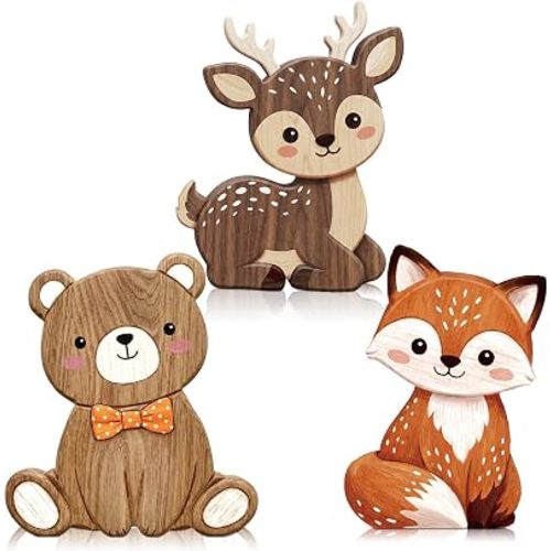 DoubleFill 3 Pcs Woodland Animal Figurines Table Decor Baby Shower Decorations Wooden Fox Forest Birthday Decoration Centerpieces for Tables Nursery Animal Decor Home Mantle Office Party Supplies