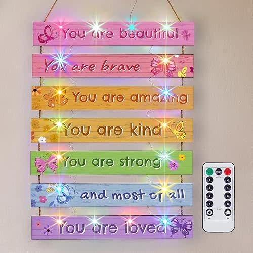 FIOBEE Girls Room Décor for Teen Girls Boys with LED Light Wall Decor for Bedroom Motivational Inspirational Wall Art Room Decoration for Kids Studyroom, 8 Kinds of Lights, Colorful Butterfly