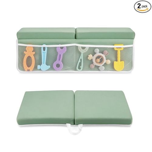 PandaEar Baby Bath Kneeler & Elbow Rest Pad, Comfortable Non-Slip Kneeling Mat Cushion with Toy Organizer Storage Pockets, Foldable Foam Mat for Toddler Bathroom Bathing Time (Green)