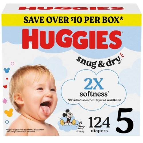 Huggies Snug & Dry Diapers - Size 5 - 124ct: Wetness Indicator, Leak Guards, SnugFit Waistband, 27+ lbs, Wood Fluff Pulp