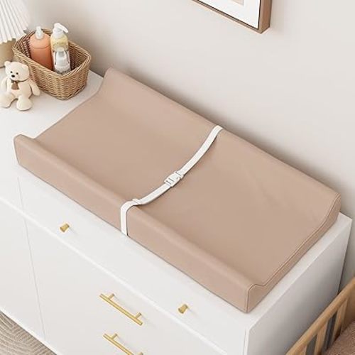 Wipeable Baby Changing Pad for Dresser and Table, Cozy Diaper Changing Pad with Waterproof & Wipe-Clean Leather Cover, Light Brown