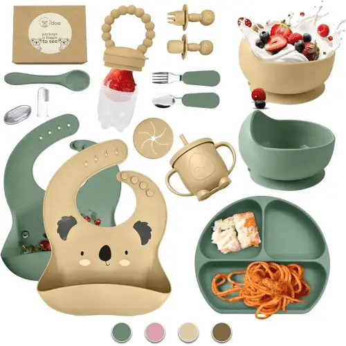 O'doe 17-Piece BPA-Free Silicone Baby Feeding Set | Thick & Soft Suction Plates, Baby Bowls, Wooden Fork & Spoon, and More | Make Mealtime Fun and Easy for Your Little One (Beige and Green, V3)