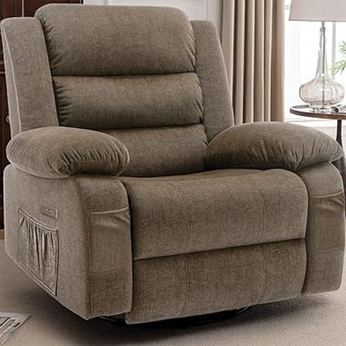 Korser Power Recliner Chair, Electric Rocker Recliner with Massage and Heat, 270° Swivel Glider, Oversized Wide Seat with USB Port, Cashmere Nursery Chair for Living Room, Brown