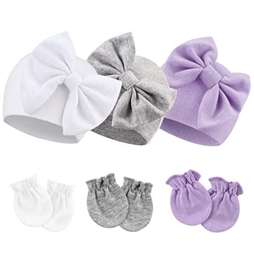 BQUBO Newborn Girls Hats Baby Hat and Mittens Set Infant Caps Bow Hospital Beanie with No Scratch Mittens for Baby Boys Girls