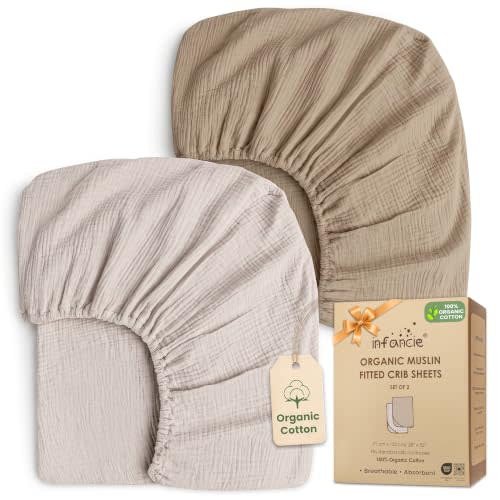 100% Organic Cotton 2 PK Baby Muslin Fitted Crib Sheets 28x52 in | Oeko-TEX Certified, Muslin Crib Sheets, Cotton Crib Sheets, Olive/Ivory, Unisex Design, Machine washable and holds up snugly
