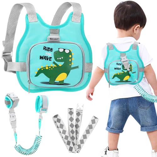 Accmor Toddler Harness Leash+ Anti Lost Wrist Link, Cute Dinosaur Kids Harness with Leash, Collapsible Child Leash Baby Walking Harness Wristband Assistant Strap Belt for Boys Girls to Outdoor Travel