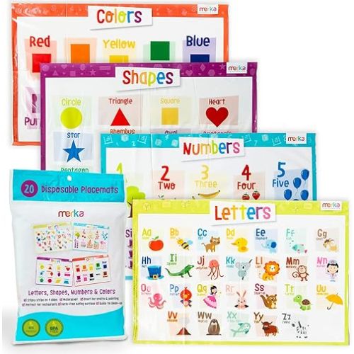 merka Disposable Placemats for Baby and Toddlers 12" x 18", 20 Pack Stick-on Table Mats for Restaurants, Includes Shapes, Numbers, Letter & Colors