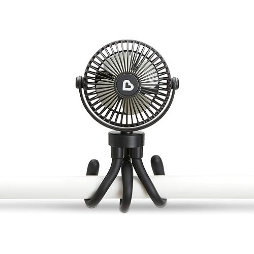 Munchkin Stroller Fan - Portable Fan for Travel, Baby Gear Accessory with 4 Speeds, Flexible Clip-on Leg Attachment, Rechargeable Battery, Black with Multicolored LED Lights
