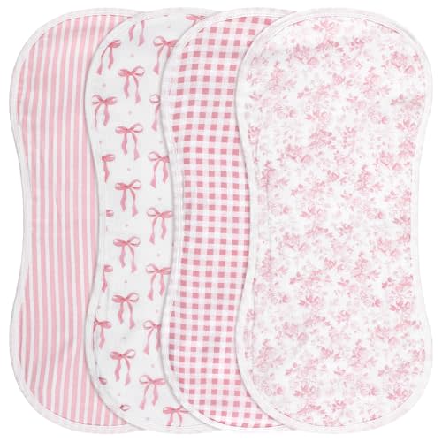Boao 4 Pack Baby Burp Cloths Pink Bow Rayon Cotton Baby Burping Cloths 21" x 10" Soft Muslin 7 Absorbent Layers Washcloths Newborn Face Towels for Teething Drooling Infant Boy Girl Unisex