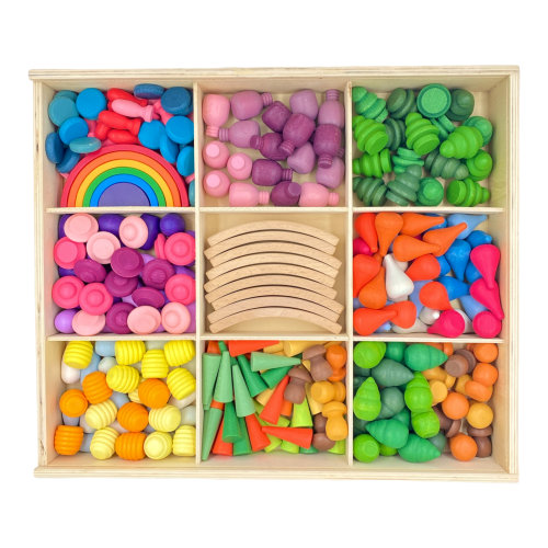 **Pre-order (Ships in 2-3 Weeks)**NEW 252-Piece Mandala Loose Parts Play Set with Mini Rainbow & Natural Wooden Blocks