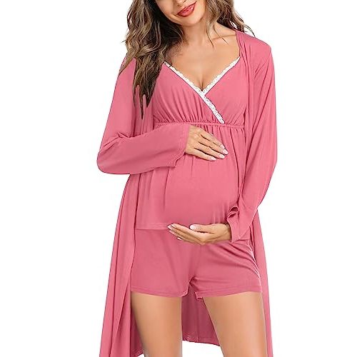 SWOMOG Womens Maternity Robe Set 3 Piece Nursing Pajamas for Breastfeeding 3 in 1 Labor Delivery Hospital Pregnancy Pjs Grey