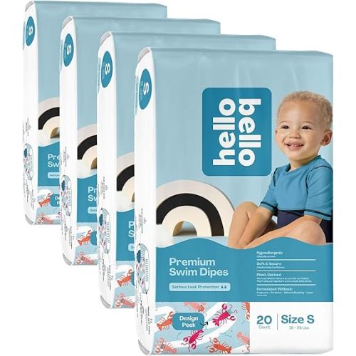 Hello Bello Premium Swim Diapers, Size S (16-28 lbs), Cute Extra-Bright Lobster Designs, 20 Count Jumbo Pack (Pack of 4)