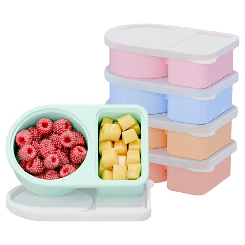 5 Pack Silicone Snack Containers, 2 Compartments Reusable Snackle Box with Lids, 8 oz, Rainbow