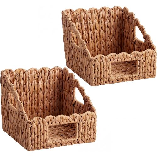 Novabright Set of 2 Scalloped Wicker Baskets for Organizing with Built-in Handles Handwoven Pantry Storage Baskets Decorative Water Hyacinth Organizer for Kitchen Living Room Gift, 9.8" x 8.3" x 7.5