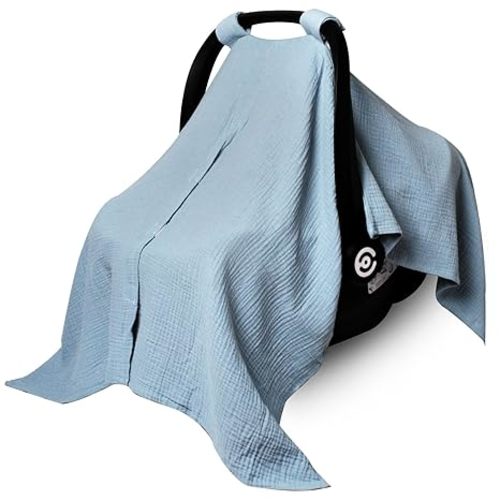 Muslin Car Seat Cover for Babies, Baby Carseat Cover for Boys Girls, Breathable Infant Car Seat Canopy, Multiuse Baby Carrier Cover & Nursing Breastfeeding Cover(Blue)