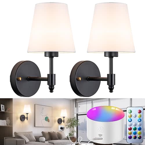 YHCDLAMP Battery Operated Wall Sconces Set of Two, Rechargeable Wireless Wall Lights with 10000mAh RGB Dimmable Detachable Bulb, Battery Sconces Wall Decor with Remote for Bedroom Living Room Hallway