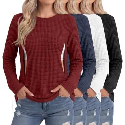 Locoowai 4 Pack Women's Nursing Breastfeeding Tops Waffle Maternity Shirts Long Sleeve Tees Crew Neck Clothes with Zipper