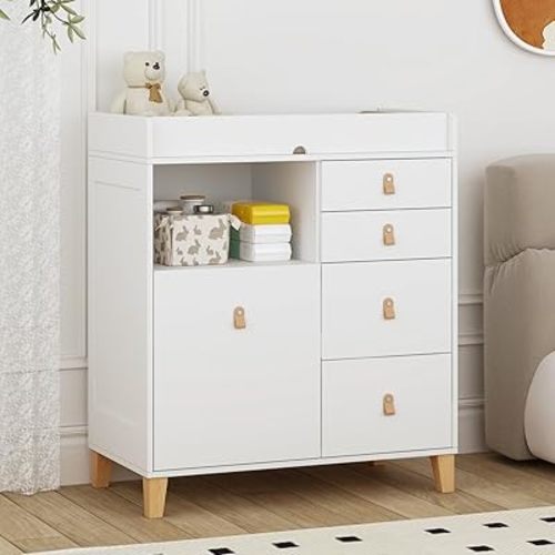 Timechee Baby Changing Table Dresser, 33.5" Baby Nursery Dresser with Drawers & Shelf, Wooden Storage Cabinet Chest w/Changing Station for Infant Kids Bedroom, White