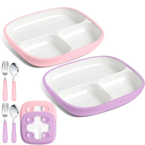 2 Pcs 8.2" Large Kids Porcelain Plates with Silicone Sleeves Toddlers Divided Plates Extra Deep White Porcelain Dishes 2 Pack Spoons and Forks Set Microwave Dishwasher Friendly(Pink,Purple)