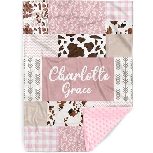 Personalized Baby Girl Blanket with Name, Custom Minky Dot Baby Blanket for Newborn Infant Toddler, Pink Cow Print Nursery Blanket, Personalized for Girls