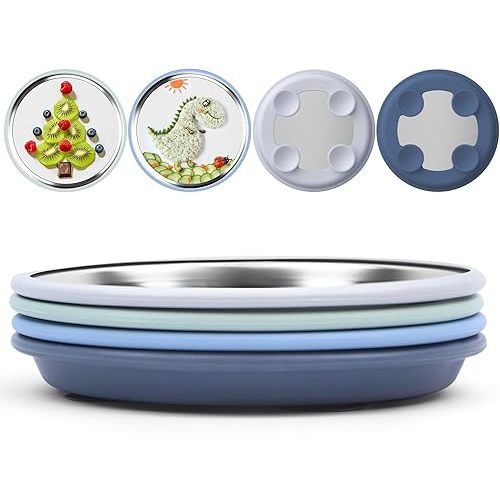 8" Stainless Steel Baby Suction Plate, Toddler Plates with Removable Silicone Sleeves, Non Toxic Unbreakable Led Weaning Supplies Kids Snack Dishes Set of 4, Sage Blue Gray Navy