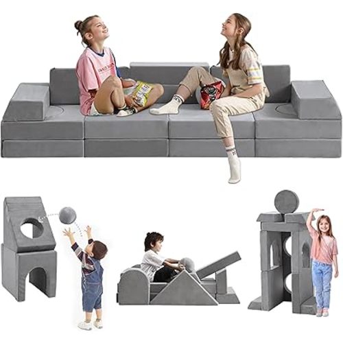 22Pcs Modular Kids Play Couch, 1000+DIY Creativing Playroom Furniture for Kids, Toddler Couch, Convertible Foam and Floor Cushion for Boys and Girls,Dark Grey