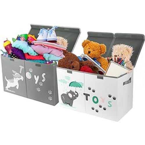 Hula Home Large Toy Box (2pc) - Lightweight Collapsible Sturdy Toy Storage Chest w/Flip-Top Lid & Handles (24.5" x 12" x 16") (Dog & Elephant)