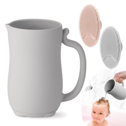PandaEar Baby Bath Rinse Cup, Silicone Baby Shampoo Rinser with 2 Pack Cradle Cap Brush for Kids Toddler Body Washing (Grey)