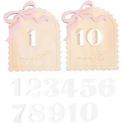 2 Pcs Baby Monthly Milestone Cards - Wooden Photo Props for Newborn, First Year Keepsake (0-12 Months) - New Mom Present, Boy Girl Announcement Sign (Pink Bow)