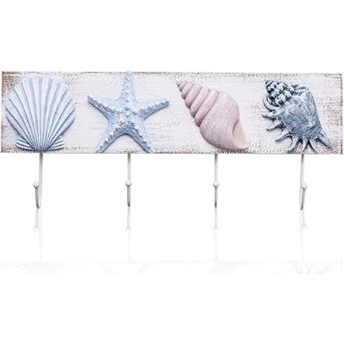 TideAndTales Beach Decor Seashell Wall Hooks Towel Rack for Bathroom, Bedroom or Kitchen | 4 Strong Hooks | Ocean Theme Beach House Decor
