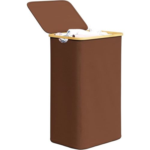 SpaceAid Laundry Hamper with Lid, 110L Large Tall Clothes Basket Bin with Bamboo Handles, Collapsible Laundry Hamper for Bedroom, Bathroom, Dorm, Laundry Room - Brown