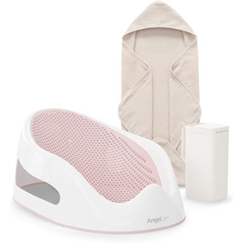 Angelcare Baby Bath Support Bundle, Bath Rinser & Hooded Towel, Pink