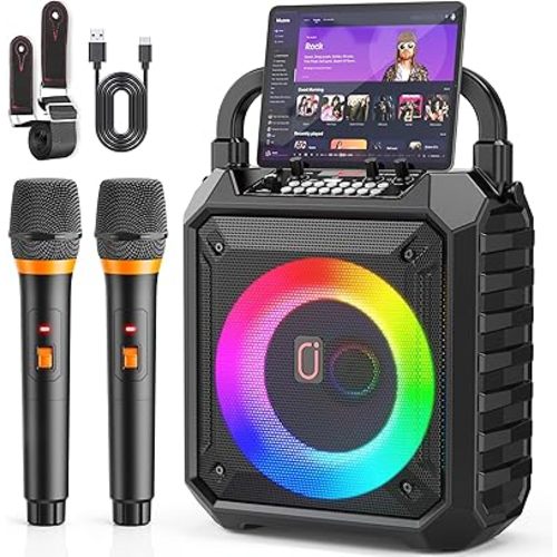 JYX Karaoke Machine with Two Wireless Microphones, Portable Speaker with LED Lights for Kids and Adults, Supports Bluetooth/USB/TF/AUX for Party
