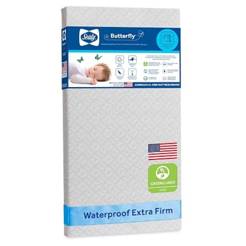 Sealy Baby Infant & Toddler Crib Mattress - Butterfly Posture Premium Foam,Waterproof and Breathable, Non Toxic Washable Zip Off Cover,GREENGUARD Gold Certified, Made in USA, 52x28
