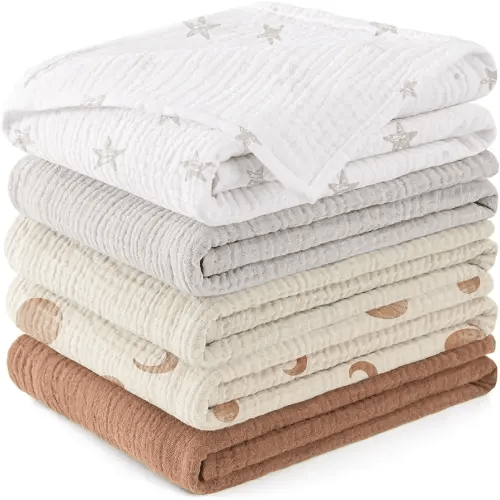 Susurration Muslin Baby Washcloths 23x23inch, Large Ultra-Absorbent 100% Cotton Baby Bath Wash Cloth Burp Cloth Soft Breathable Baby Face Towel for Newborn Baby Boy and Girl, 5Pack (Brown Moon)