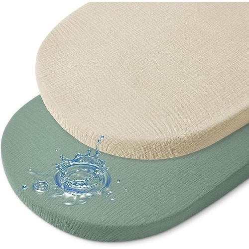Baby Bassinet Sheets TPU Waterproof 2 Pack Soft Muslin Bedside Bassinet Mattress Sheets with Bottom Elastic Band for Baby Boy Girls Unisex Fit Hourglass Oval and Rectangle, Green Ivory