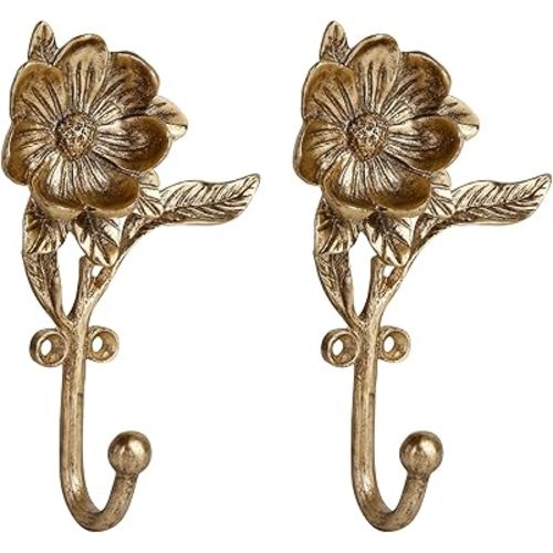 SOFFEE DESIGN 2PCS Golden Flower Metal Hooks, Heavy Duty Coat Hanger for Entryway Bathroom Living Room, Vintage Style Robe Hook