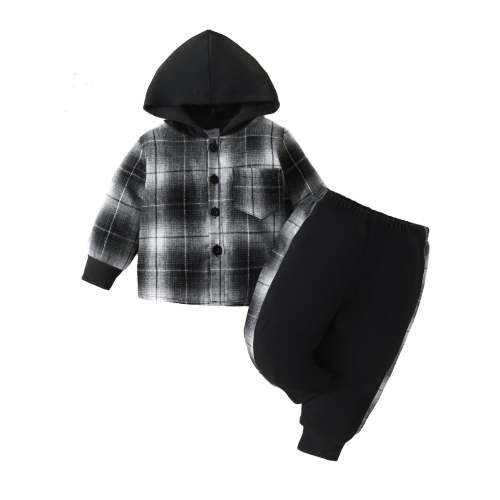 Suealasg Kids Boys Fall Causal Outfits Clothes 6M 1T 2T 3T Baby Boys Long Sleeve Plaid Print Button Hoodie Shirt and Elastic Pants 2PCS Winter Clothing for Toddler Boys