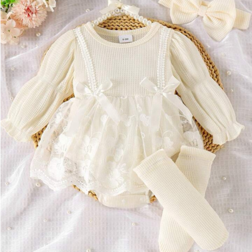 1pc Infant Girl Elegant Lace Patchwork Long Sleeve Bodysuit + Headband + Socks, Autumn/Winter