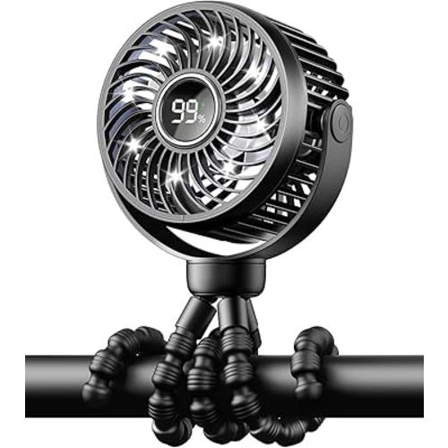 Mini Portable Stroller Fan for Travel,360° Rotation,4-Speed LED Night Light Clip on Fans Operated by Rechargeable Battery, Baby Essentials for Car Seat Beach Bed Golf Cart (Black)