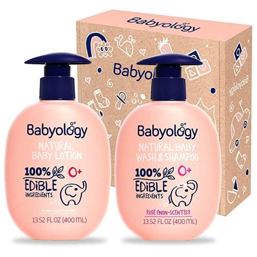 Babyology - 100% Edible Ingredients - All Natural Baby Wash and Shampoo Rose + Organic Baby Lotion SET - 13,5 FL OZ Good for Sensitive Skin or Eczema - Non Toxic - Fragrance Free (Set of 2) - Non-scented (Rose) - 13.52 Fl Oz (Pack of 2)
